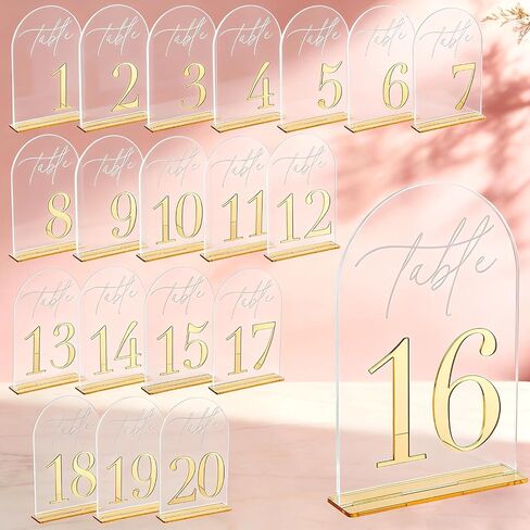 20 Pcs Wedding Table Numbers, Acrylic Arch Table Number Signs, 1-20 with Base, 7.1 x 4.7 in Large Size, Elegant Decoration for Wedding Receptions, Parties, and Banquets in Kuwait