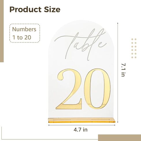 20 Pcs Wedding Table Numbers, Acrylic Arch Table Number Signs, 1-20 with Base, 7.1 x 4.7 in Large Size, Elegant Decoration for Wedding Receptions, Parties, and Banquets in Kuwait