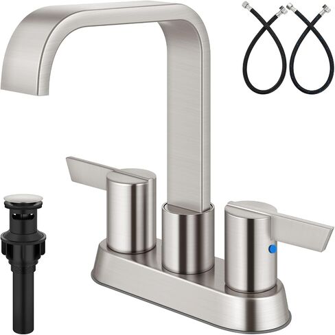 Matte Black Bathroom Faucet, 4 Inch Centerset Waterfall Bathroom Sink Faucet, 3 Hole Double Handle Vanity Faucet with Pop-Up Drain & Supply Lines in Saudi Arabia