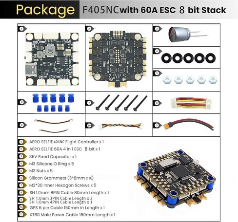 وحدة تحكم الطيران AERO SELFIE F405NC مع مكدس 60A 8 بت ESC 30x30: يدعم 2-6S LiPo، Dual IMU42688، Barometer/DPS310، لواجهة O3 O4 AIR المتوافقة مع Betaflight، INAV، Ardupilot لـ FPV وطائرات السباق بدون طيار in Kuwait