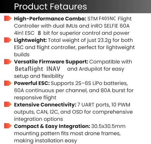 وحدة تحكم الطيران AERO SELFIE F405NC مع مكدس 60A 8 بت ESC 30x30: يدعم 2-6S LiPo، Dual IMU42688، Barometer/DPS310، لواجهة O3 O4 AIR المتوافقة مع Betaflight، INAV، Ardupilot لـ FPV وطائرات السباق بدون طيار in Kuwait