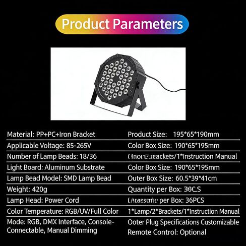 36W LED Par Light المرحلة الخفيفة حبالي RGB 36W مع التحكم الصوتي المنشط DJ حفل زفاف (2 حزم) in Kuwait
