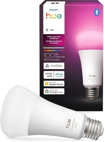 لمبة Philips Hue Smart LED A21، أجواء بيضاء وألوان، قاعدة E26، 13.5 وات، ضوء كامل الطيف 1000K-20000K، 1600 لومن، قابل للتعتيم، متوافق مع Alexa وGoogle Assistant وApple Home، عبوة واحدة in Kuwait