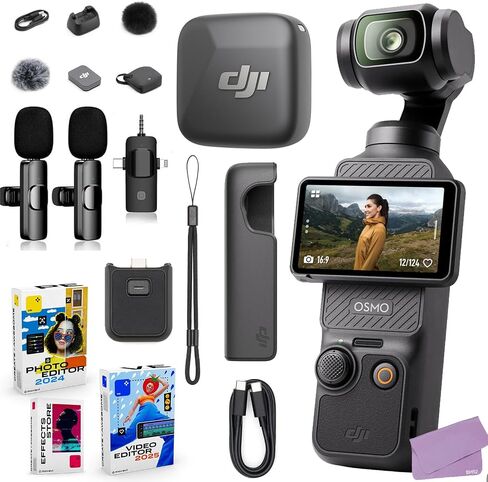 DJI Osmo Pocket 3 Mic Mini Clip-On Transmitter with Built-in Microphone Bundle + Additional 2X Wireless Microphone System, Photo/Video Editing Software (18 Items) in Kuwait