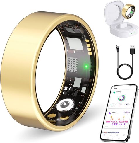 Smart Ring for Women Men, Health Tracker Ring with Heart Rate Blood Oxygen Sleep Monitor, Step Tracker. IP68 Waterproof Fitness Ring Compatible with Android & iOS No Subscription fees (Gold, 9#) in Kuwait