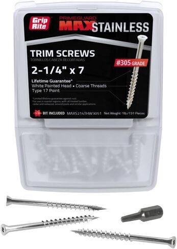 Grip-Rite PrimeGuard Max Deck Screws for Outdoor Projects - Hand Drive Trim Head Wood Screws - T17 Star Drive - 305 Stainless Steel - 7 x 2-1/4" - 1 Lb - MAXS214THW3051 in Kuwait