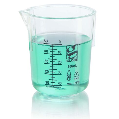 Globe Scientific 3652-50 Diamond Essentials PMP Griffin Style Low Form Beaker, Printed Graduations, 50ml Capacity, Pack of 12 in Kuwait