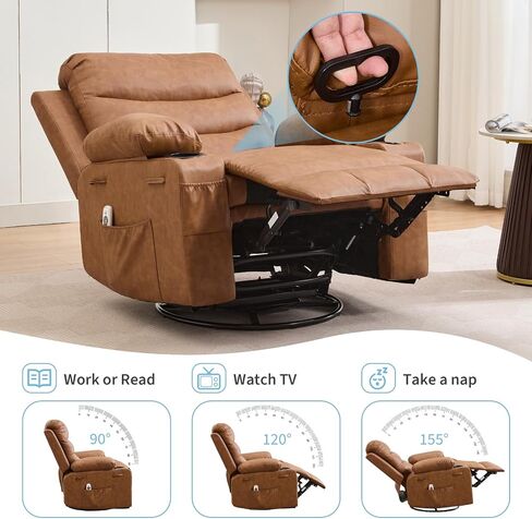 Recliner Chair Nursery, Oversized Manual Reclining Rocking Chair, 360 Swivel Glider with Cup Holder, Massage and Heat Recliner, Indoor Small Single Sofa Chairs for Adults, RV, Bedroom, Line Beige in Saudi Arabia
