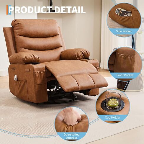 Recliner Chair Nursery, Oversized Manual Reclining Rocking Chair, 360 Swivel Glider with Cup Holder, Massage and Heat Recliner, Indoor Small Single Sofa Chairs for Adults, RV, Bedroom, Line Beige in Saudi Arabia