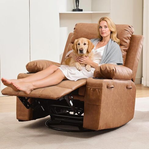 Recliner Chair Nursery, Oversized Manual Reclining Rocking Chair, 360 Swivel Glider with Cup Holder, Massage and Heat Recliner, Indoor Small Single Sofa Chairs for Adults, RV, Bedroom, Line Beige in Saudi Arabia