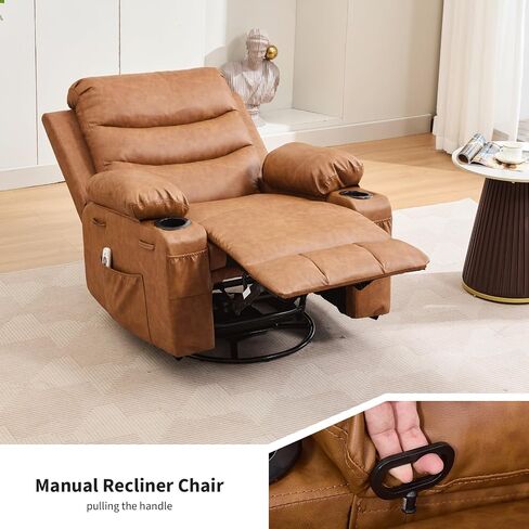 Recliner Chair Nursery, Oversized Manual Reclining Rocking Chair, 360 Swivel Glider with Cup Holder, Massage and Heat Recliner, Indoor Small Single Sofa Chairs for Adults, RV, Bedroom, Line Beige in Saudi Arabia
