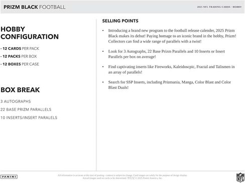 2025 Panini Prizm Black Football Hobby Trading Card Box (3 توقيعات لكل صندوق) in Kuwait