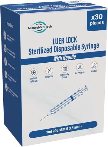 3ml Luer Lock Tip Disposable Syringe with Needle All Gauge Sizes 21G 38MM (1.5 inch), Individually Sealed, Hygienic and Blister Wrapped - (Pack of 30) in Kuwait