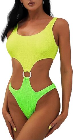 Women's One Piece Swimsuit Bodycon Bikini Top Cropped Tankini Set Neon Color Corrugated Fabric Sexy Monokini Swimwear in Kuwait