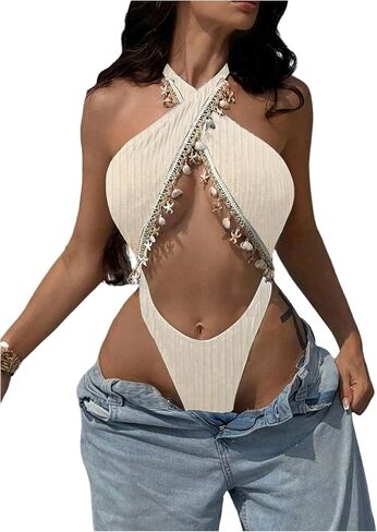 OYOANGLE المرأة عارية الذراعين الرسن Monokini شل تقليم عالية قطع صفيق ثوب السباحة قطعة واحدة المايوه in Kuwait