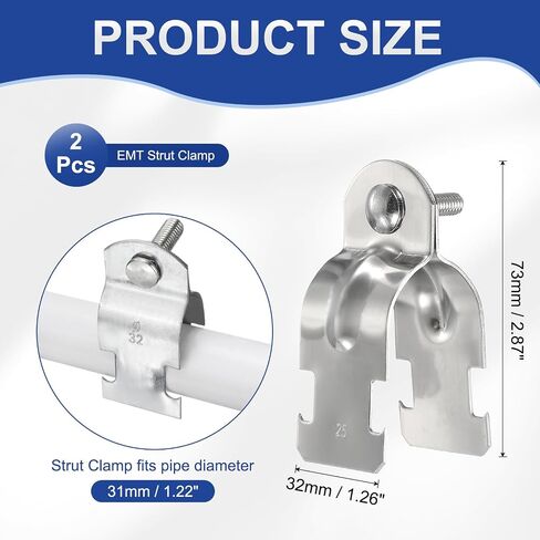 HARFINGTON 2pcs 1-2/9" EMT Strut Clamp 2.87" Length Universal 304 Stainless Steel Galvanized Strut Channel Accessory Conduit Clamp with Bolt and Nut for EMT Pipe Rigid Conduit, Silver in Kuwait
