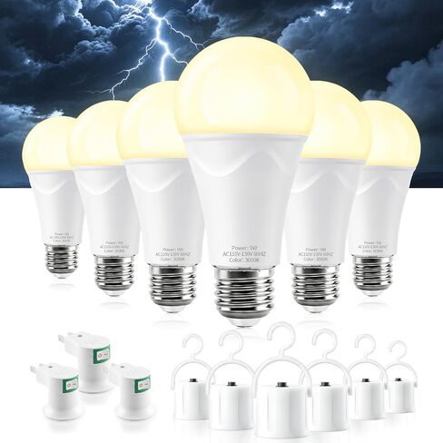 Brightever 6 Packs Rechargeable Emergency Light Bulbs, Battery Operated Light Bulb for Power Outage, 6000K Daylight White 120V 9W 60W Equivalent 1200mAh Rechargeable LED Bulb for Camping, Hurricane in Kuwait