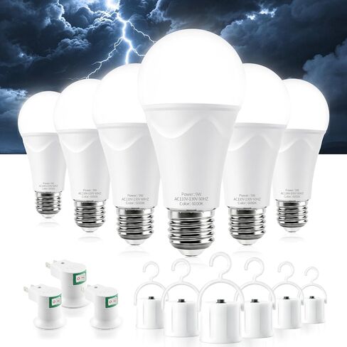 Brightever 6 Packs Rechargeable Emergency Light Bulbs, Battery Operated Light Bulb for Power Outage, 6000K Daylight White 120V 9W 60W Equivalent 1200mAh Rechargeable LED Bulb for Camping, Hurricane in Kuwait