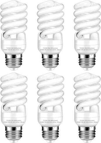 E26 Base 13W 2700K 900lm CFL Light Bulbs, T2 Spiral (60Watt Equivalent) Soft White Compact Fluorescent Light Bulbs, UL Approved, 120v 60Hz, Self Ballasted, Indoor Use (2 Pack) in Kuwait