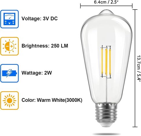 مصابيح LED، 3V 2W الجهد المنخفض DC، 3000K أبيض دافئ E26 لمبة قاعدة لأضواء الحظيرة الشمسية الجدار الشمعدان مصباح خارجي قابل لإعادة الشحن، 2 حزمة in Kuwait