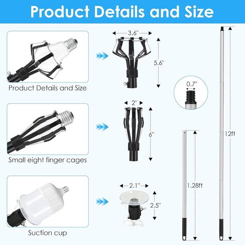 12Ft Light Bulb Changer for High Ceilings Lightweight 18FT Reach Light Bulb Replacement Removal Tool Extension Pole with Baskets Gripper and Suction Cup Fits Recessed and Standard Bulbs in Kuwait