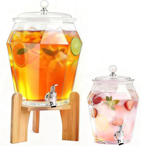 2 PCS Drink Dispenser Set, (1.85 & 0.69 gal) 2.5 Gallon Total Capacity- Shatterproof Plastic Beverage Containers with Wood Stand, Leak-Proof Spigot for Juice, Tea, Lemonade & Mimosa Bar Hosting in Kuwait