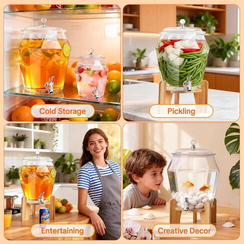 2 PCS Drink Dispenser Set, (1.85 & 0.69 gal) 2.5 Gallon Total Capacity- Shatterproof Plastic Beverage Containers with Wood Stand, Leak-Proof Spigot for Juice, Tea, Lemonade & Mimosa Bar Hosting in Kuwait