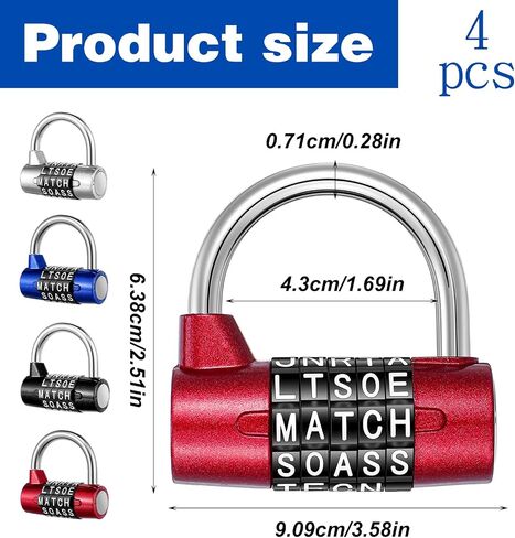 4 Pcs 5 Letter Combination Lock, Keyless Resettable Heavy Duty Metal Safety Padlock in 4 Colors for Gym Locker, Toolbox, Hasp Cabinet in Kuwait