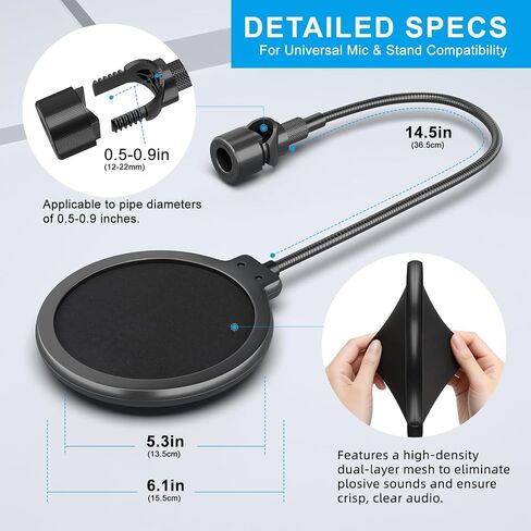 LINCO Professional Microphone Pop Filter Shield For Blue Yeti and Any Other Microphone, Dual Layered Wind Pop Screen With A Flexible 360 Degree Gooseneck Crab Clamp Stabilizing Arm (PF1502) in Kuwait