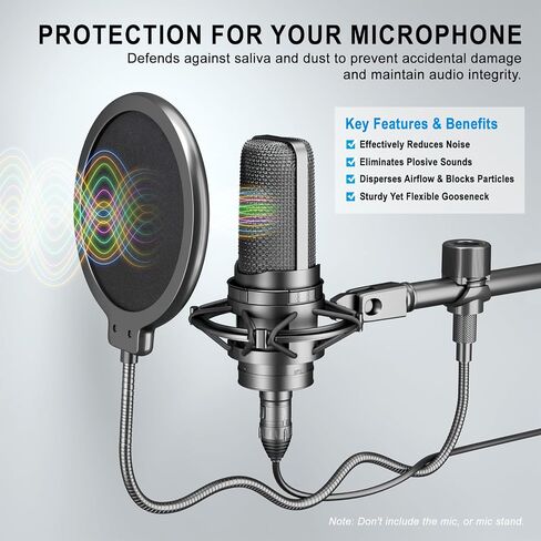 LINCO Professional Microphone Pop Filter Shield For Blue Yeti and Any Other Microphone, Dual Layered Wind Pop Screen With A Flexible 360 Degree Gooseneck Crab Clamp Stabilizing Arm (PF1502) in Kuwait