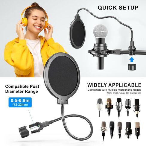 LINCO Professional Microphone Pop Filter Shield For Blue Yeti and Any Other Microphone, Dual Layered Wind Pop Screen With A Flexible 360 Degree Gooseneck Crab Clamp Stabilizing Arm (PF1502) in Kuwait