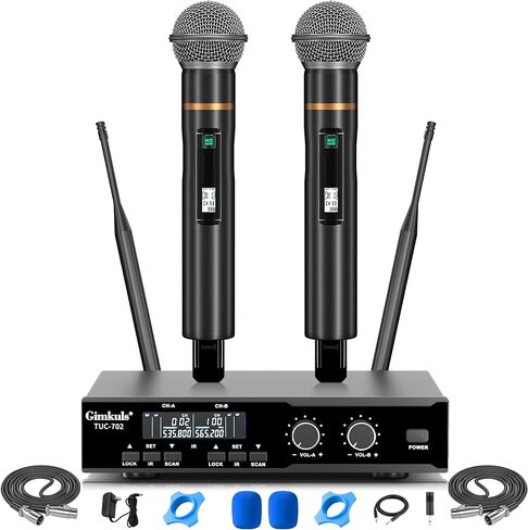 Gimkuls Wireless Professional Microphone System, Cordless Handheld Dynamic Mic, Dual UHF 200-Channel, Metal Microphones 328ft Long Range for Karaoke, Church, DJ, Wedding, Singing in Kuwait
