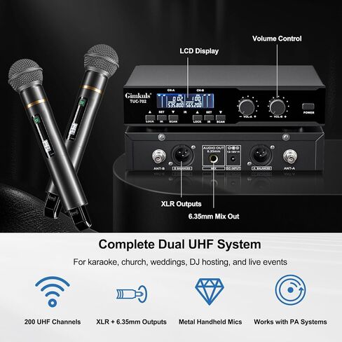 Gimkuls Wireless Professional Microphone System, Cordless Handheld Dynamic Mic, Dual UHF 200-Channel, Metal Microphones 328ft Long Range for Karaoke, Church, DJ, Wedding, Singing in Kuwait