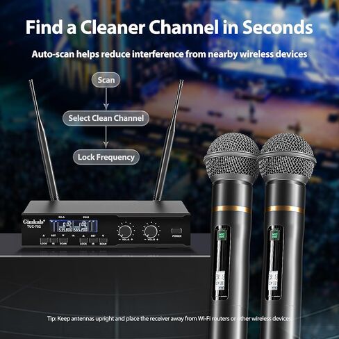 Gimkuls Wireless Professional Microphone System, Cordless Handheld Dynamic Mic, Dual UHF 200-Channel, Metal Microphones 328ft Long Range for Karaoke, Church, DJ, Wedding, Singing in Kuwait