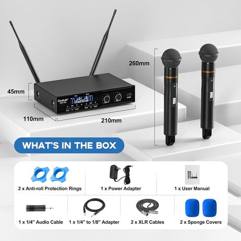 Gimkuls Wireless Professional Microphone System, Cordless Handheld Dynamic Mic, Dual UHF 200-Channel, Metal Microphones 328ft Long Range for Karaoke, Church, DJ, Wedding, Singing in Kuwait