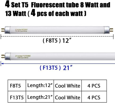Konideke (4 Set) F8T5/CW 8 Watt and F13T5/CW 13 Watt, T5 12 Inches 8W and 21 Inches 13W Under Counter Fluorescent Light Bulbs, Cool White 4100K G5 Cap in Kuwait