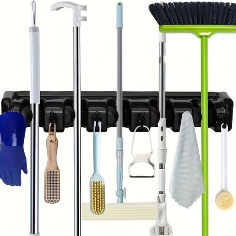 Mop and Broom Holder, Wall Mounted Organizer Mop and Broom Storage Tool Rack with 5 Ball Slots and 6 Hooks in Kuwait