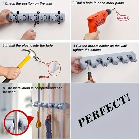 Mop and Broom Holder, Wall Mounted Organizer Mop and Broom Storage Tool Rack with 5 Ball Slots and 6 Hooks in Kuwait