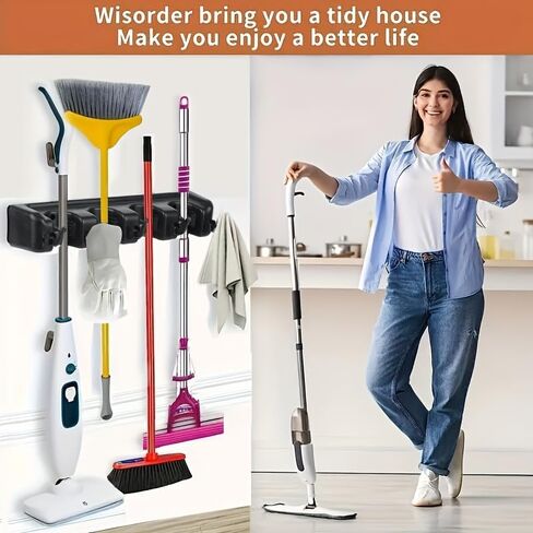 Mop and Broom Holder, Wall Mounted Organizer Mop and Broom Storage Tool Rack with 5 Ball Slots and 6 Hooks in Kuwait
