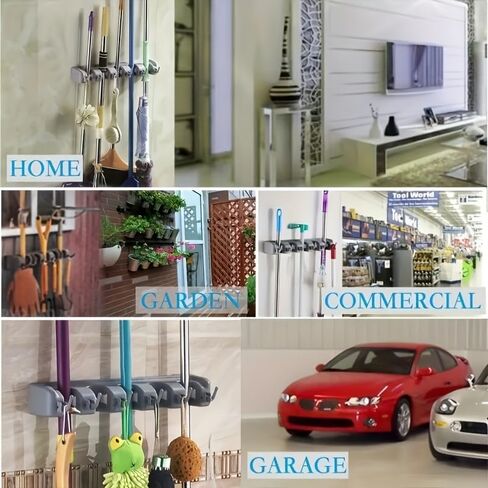 Mop and Broom Holder, Wall Mounted Organizer Mop and Broom Storage Tool Rack with 5 Ball Slots and 6 Hooks in Kuwait