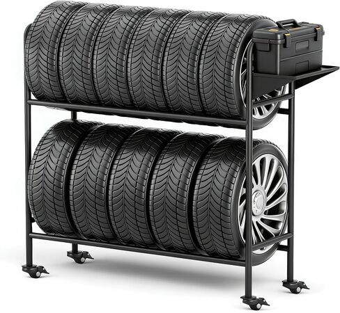 Adjustable Rolling Tire Rack, Heavy-Duty Tire Storage Rack for Garage with 4 Self-Locking Casters, Foldable Hole Board, Metal, 59" H x 59" W in Kuwait