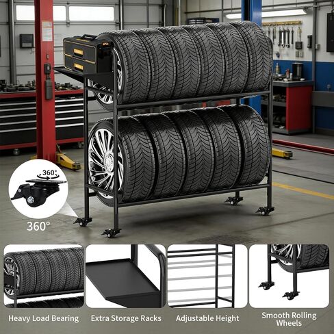 Adjustable Rolling Tire Rack, Heavy-Duty Tire Storage Rack for Garage with 4 Self-Locking Casters, Foldable Hole Board, Metal, 59" H x 59" W in Kuwait
