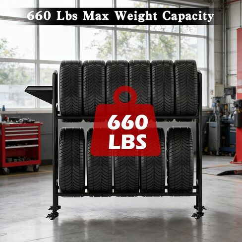 Adjustable Rolling Tire Rack, Heavy-Duty Tire Storage Rack for Garage with 4 Self-Locking Casters, Foldable Hole Board, Metal, 59" H x 59" W in Kuwait