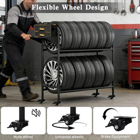 Adjustable Rolling Tire Rack, Heavy-Duty Tire Storage Rack for Garage with 4 Self-Locking Casters, Foldable Hole Board, Metal, 59" H x 59" W in Kuwait