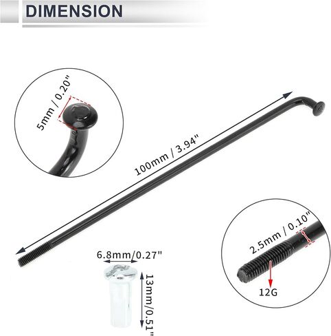 1 Set Universal Bicycle Spokes 12G 100mm Length Bike Wheel Spokes Nipple Black Carbon Steel in Kuwait
