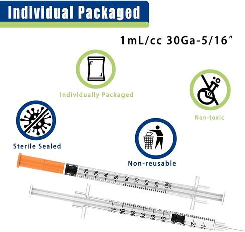 1ml/cc Disposable Syringe with 30Ga 5/16" (8mm)Needle,30 Pack | Individually Wrapped in Kuwait