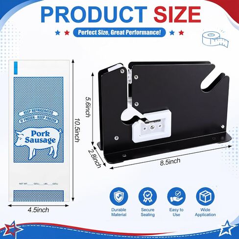 Qeeenar 200 Pcs Pork Sausage Freezer Bags with Steel Bag Sealer 1 lb 10.5 x 4.5 Inch Ground Pork Sausage Bags and Sealer Machine in Kuwait