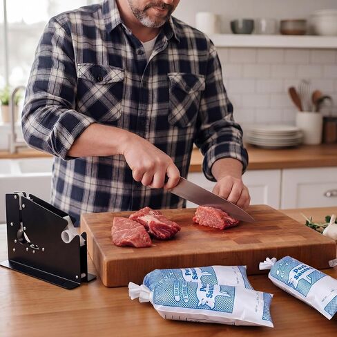 Qeeenar 200 Pcs Pork Sausage Freezer Bags with Steel Bag Sealer 1 lb 10.5 x 4.5 Inch Ground Pork Sausage Bags and Sealer Machine in Kuwait