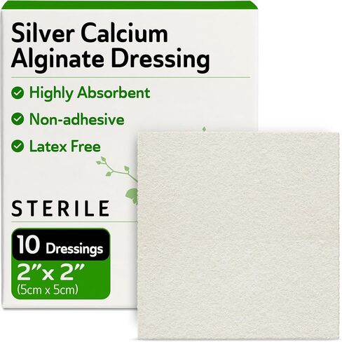Silver Calcium Alginate Wound Dressings 4x5-10 Sterile Highly Absorbent Dressings for Moderate and Heavy Exudate - Good for Hospitals, Medical Facilities, and Nursing Homes in Kuwait