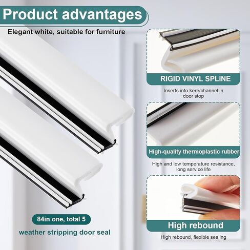 Yuntau 5-Pack 84 "Kerf Door Striping Weather - سدادة باب مطاطية بيضاء للأعلى والجوانب، تناسب عضادات خشبية بفتحة 1/8 بوصة، أطول من القياسية، تحجب الرياح والمطر والغبار in Kuwait